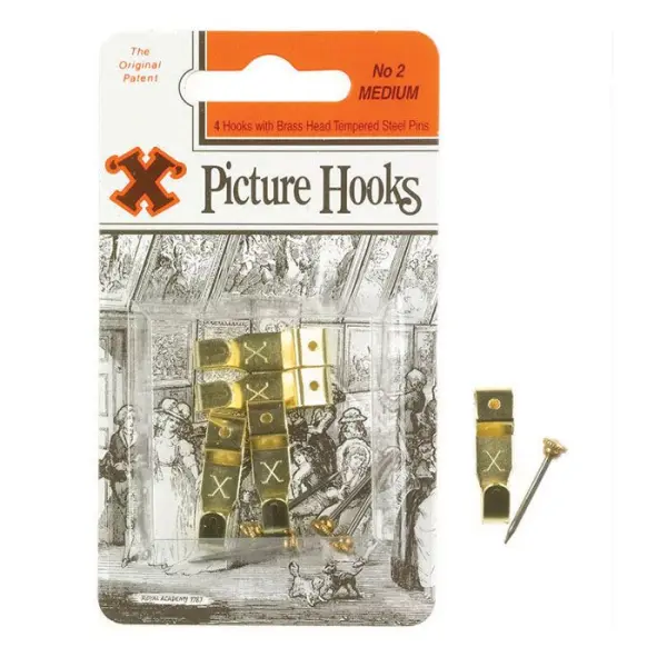 X Picture Hooks No. 2, Brass Plated, 4 Pack