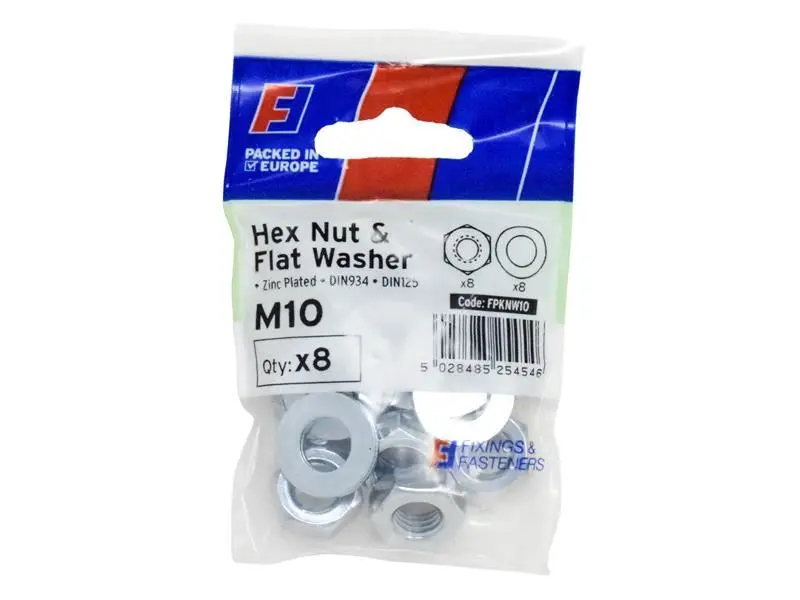 ForgeFix M10 Nut & Washer Set, Zinc Plated, Pack of 8
