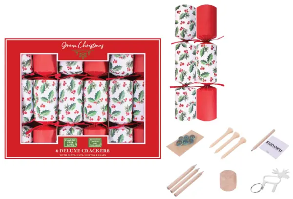 Green Christmas 6x 13.5in Deluxe Eco Holly Crackers