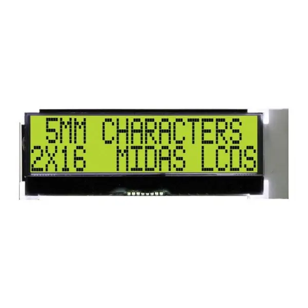 MIDAS DISPLAYS Alphanumeric LCD, 16x2, Black on Yellow/Green, 3-5V, I2C