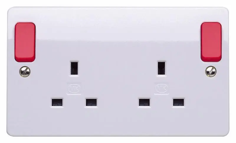 MK 2 Gang 13A Double Pole Switched Plug Socket with Red Rockers