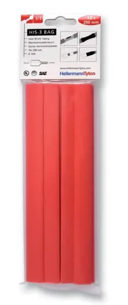 HELLERMANNTYTON 3:1 Heat Shrink Tubing Red, 12 x 200mm (10 Pack)