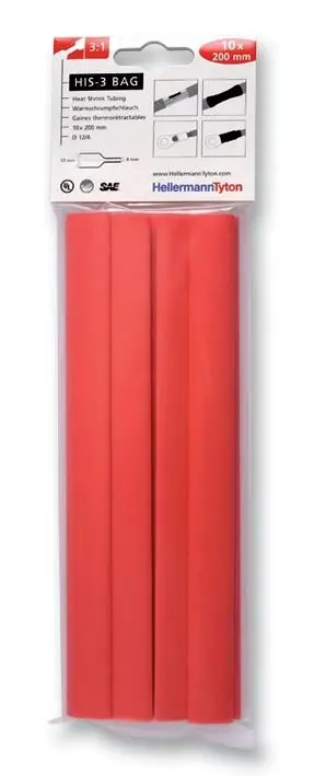HELLERMANNTYTON Tiub Pengecutan Haba Merah 12 x 200mm Nisbah Pengecutan 3:1 (10