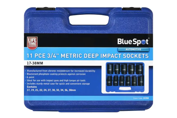 Blue Spot Tools 11件3/4英寸公制深冲击套筒（17-38毫米）专业级耐用套装