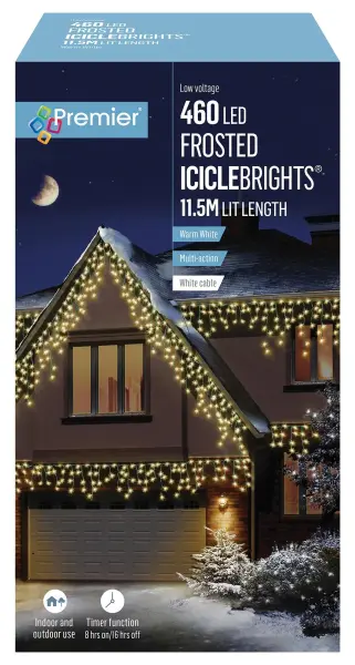 Premier Decorations 460 LED Frosted Icicle Lights Warm White 11.5m