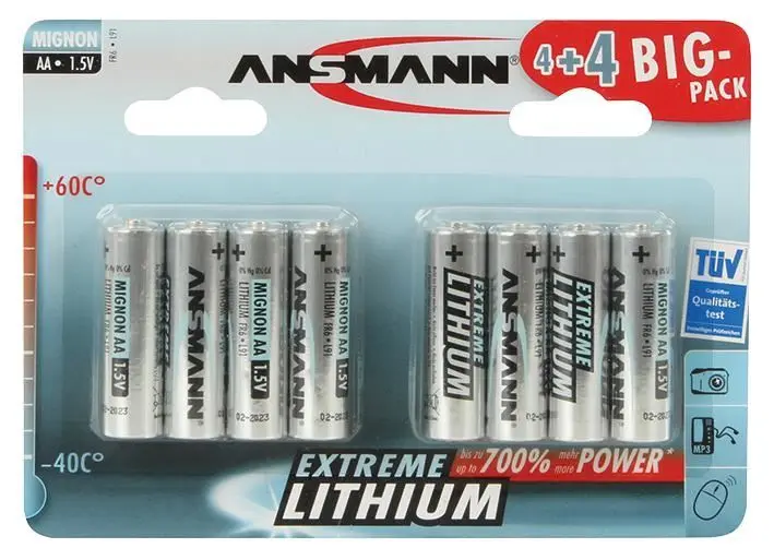 ANSMANN AA 익스트림 리튬 배터리 1.5V 3000mAh, 8개입