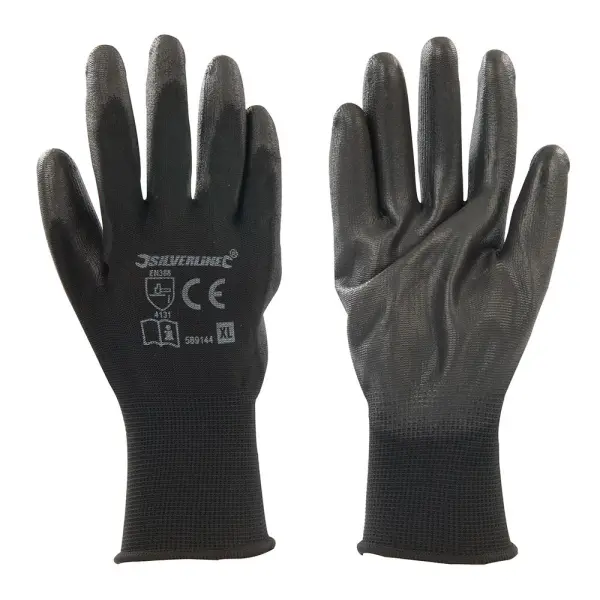 Silverline Black Palm Gloves, XL 10, PU Coated