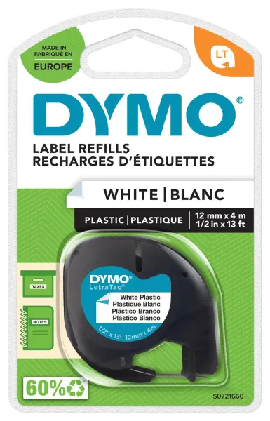 DYMO LetraTAG Label Tape, White, Plastic, 12mm x 4m