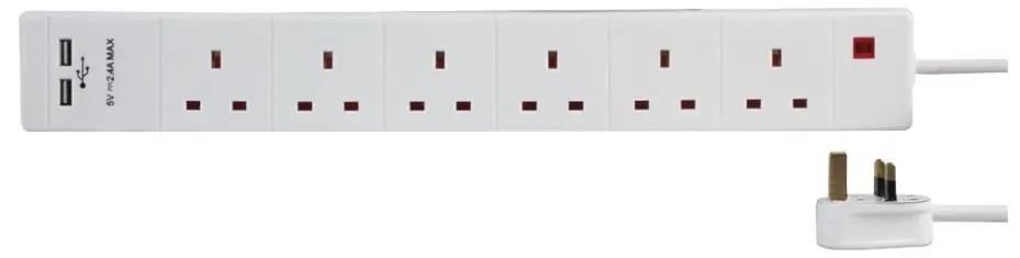 PRO ELEC Prodloužený kabel se 6 zásuvkami a 2 USB porty, 2m, bílý