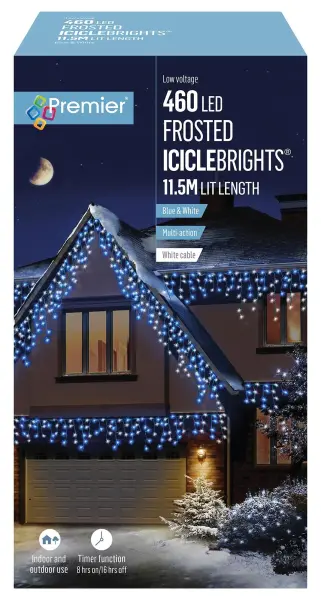 Premier Frosted Cap Icicle Lights Blue & White, 460 LED, 11.5m