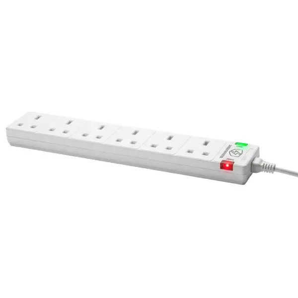 6 Gang Surge Protected Mains Extension Lead, 2m, White
