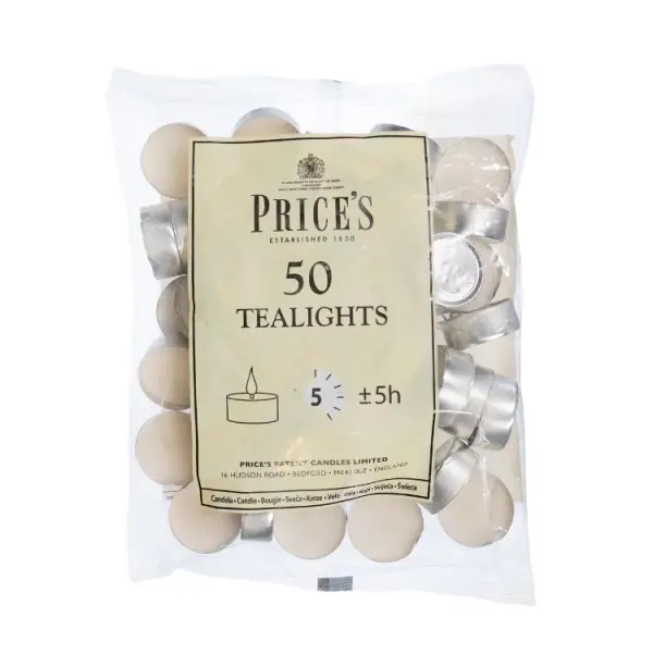 Price's White Wax Tealights, 5-Hour Burn, 50 Pack