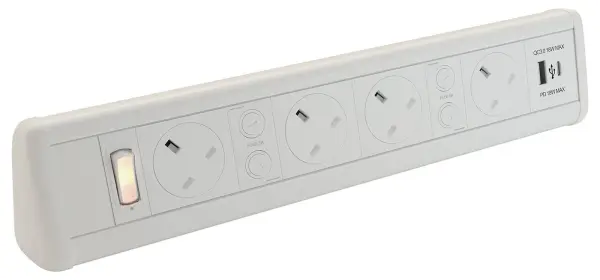 POWERDATA P-Pack Desktop Power & USB Charging Unit, 4 Gang, 1x USB A, 1x USB C - White