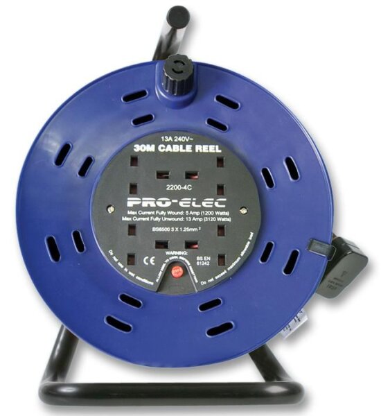 PRO ELEC 30m Cable Reel with 4 Sockets, 13A