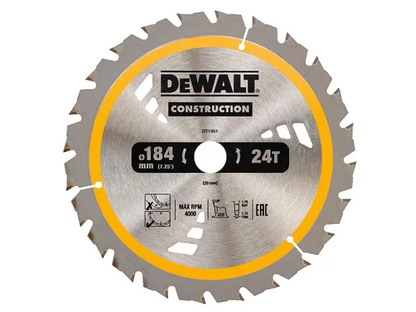 DEWALT Akku-Baustellen-Trimsägeblatt 184 x 20 mm x 24 Zähne