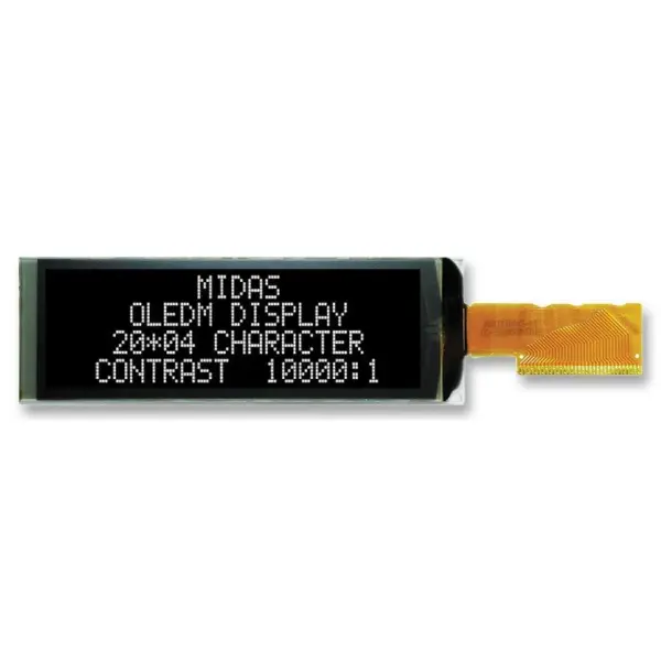 MIDAS DISPLAYS OLED Display Module, 20x4, White on Black, 2.8 / 5V