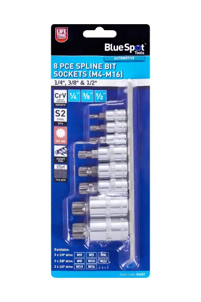 Blue Spot Tools - Set Soket Spline 8 Keping (M4-M16) 1/4/3/8/1/2″