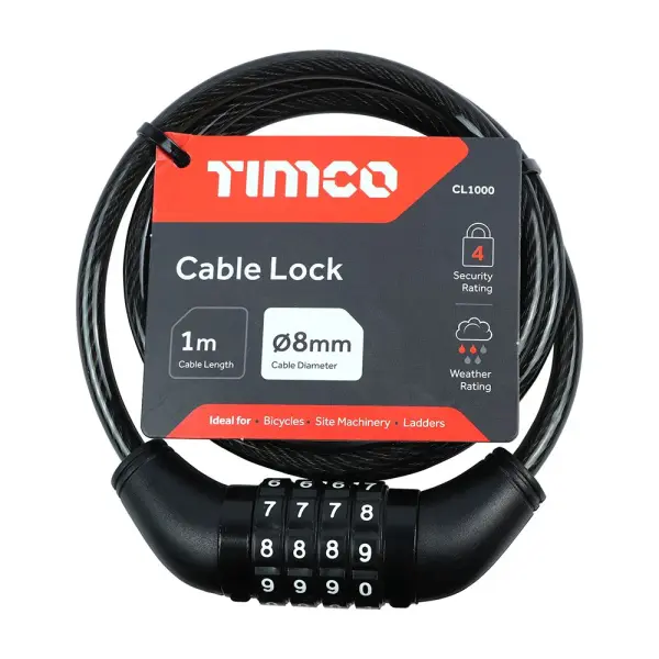 Timco Candado de Combinación con Cable 8mm x 1m, Negro, Acero al Carbono