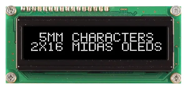 MIDAS DISPLAYS 16x2 OLED Display Module, White on Black, 5V
