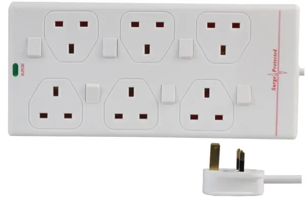 PRO ELEC 1m 6-Way Switched Surge Protected Extension Lead, White