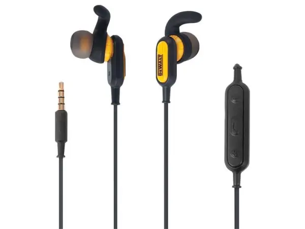 DEWALT Jobsite Wired Earphones, Water-Resistant, IPX6, 9mm Drivers