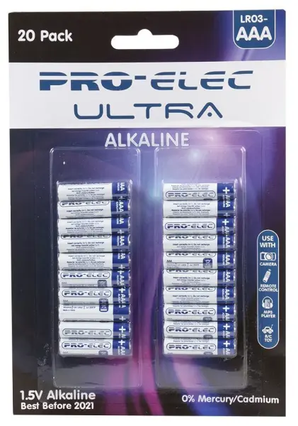 Pro Elec - Cadhnraí Alcaileach Ultra AAA, 1.5V, Pacáiste 20