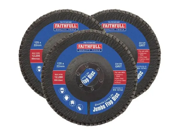 Faithfull Zirconia Abrasive Jumbo Flap Discs - 125 x 22mm 120 Grit (3 Pack)