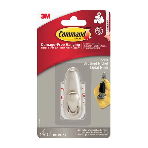 Command Small Metal Hook, Brushed Nickel, 450g Capacity