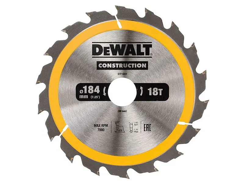 Lame de scie circulaire de construction Dewalt 184mm, 18 dents, pour bois brut