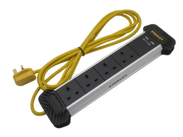 Regista de Energia STANLEY® 4 Tomadas + 2 USB com Gestão de Cabos, 3m