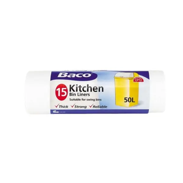 Baco Swing Bin Liners with Draw Tie Handle, 50L, Pack of 15