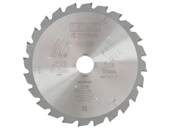 DEWALT DT410 Series 60 Circular Saw Blade, 216mm, 30mm Bore, 24T