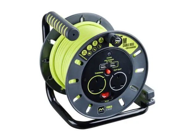 Masterplug PRO-XT 25m Open Cable Reel with 2 Sockets & USB