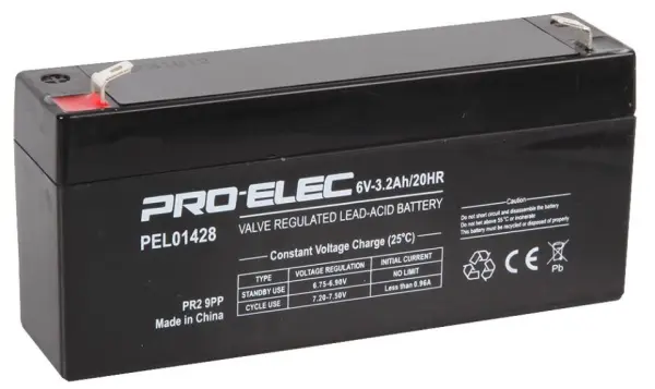 PRO ELEC 3.2Ah 6V AGM Lead Acid Battery