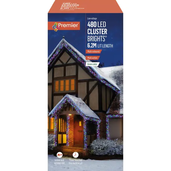 Premier 480 LED Multi-Colour Christmas Cluster Lights, 6.2m with Timer