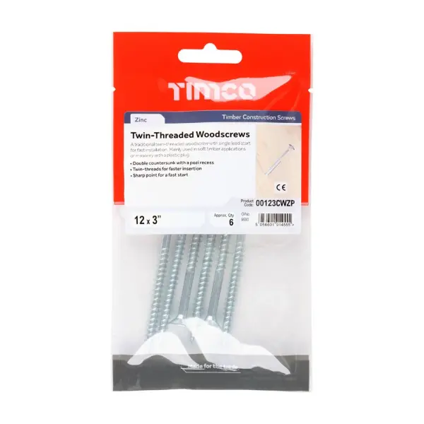 Timco ברגים זוגיים למותרות PZ2 מצופה אבץ מבריק - 12×3