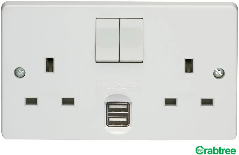 CRABTREE Prise double 13A avec ports USB, Blanc