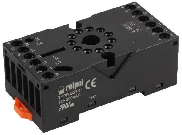 RELPOL 11 Pin Industrial Relay Base, 3 Pole, Black