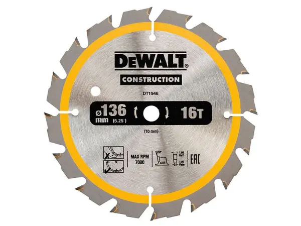 DEWALT Cordless Construction Trim Saw Blade 136mm x 10mm x 16T