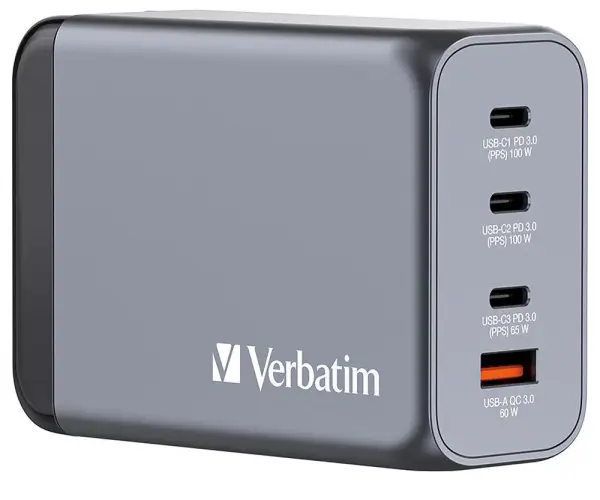 VERBATIM GaN USB PD Charger, 4 Port, 1x USB A, 3x USB C - 200W
