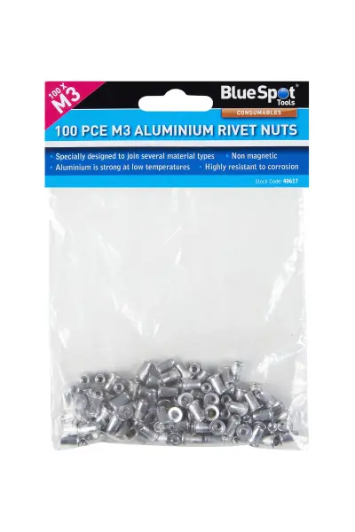 100 pièces d'écrous frettés M3 en aluminium Blue Spot Tools