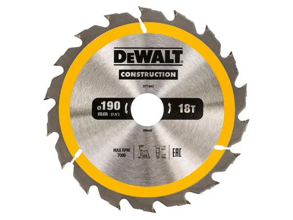 DEWALT 190mm Construction Circular Saw Blade, 18T, 30mm Bore