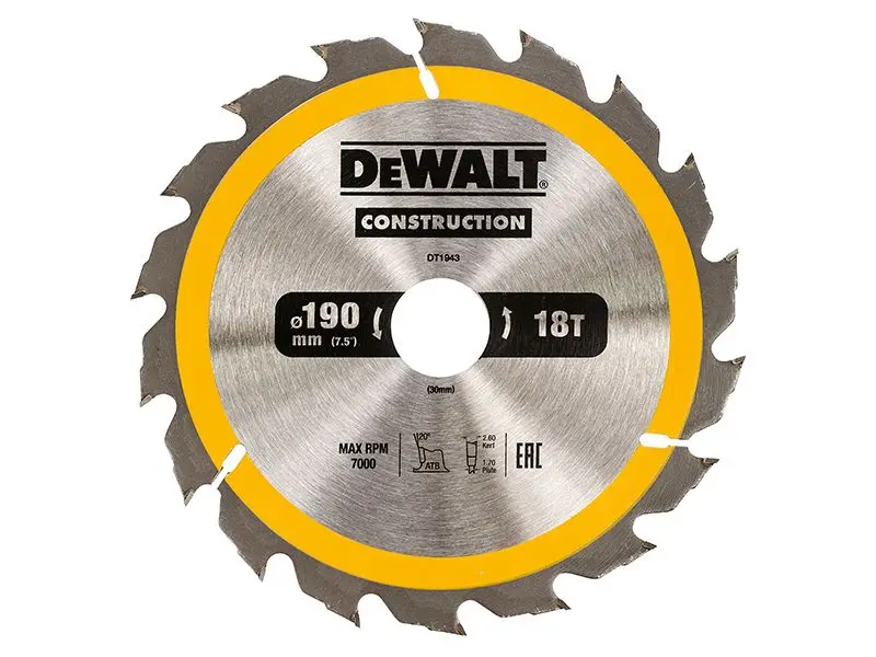 DEWALT Λεπίδα Κυκλικού Πριονιού Κατασκευών 190mm, 18 Δοντιών, 9mm Κεντρική Οπή
