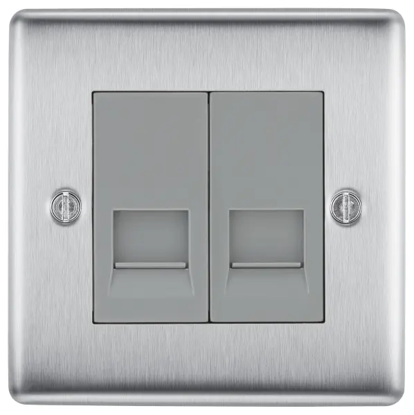 British General RJ11 Telephone Socket, 2 Gang, Brushed Steel