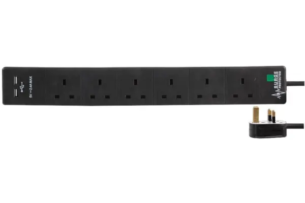 PRO ELEC - Sreang Sínte 6-Bhealach le Cosaint rabharta, 2 Chalafoirt USB, 1m, 2