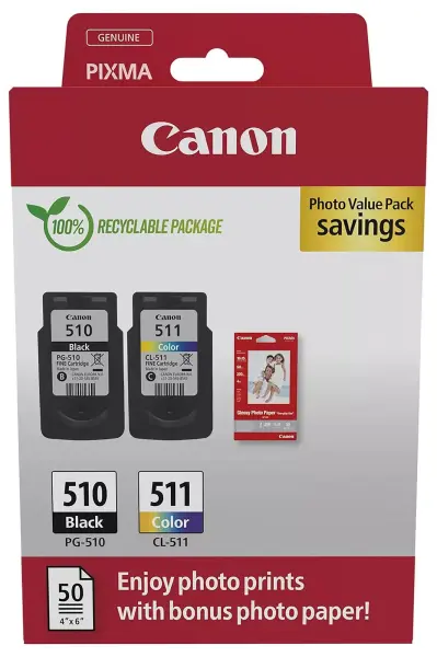 Canon Genuine Ink Cartridge & Photo Paper Value Pack - PG-510 Black / CL-511