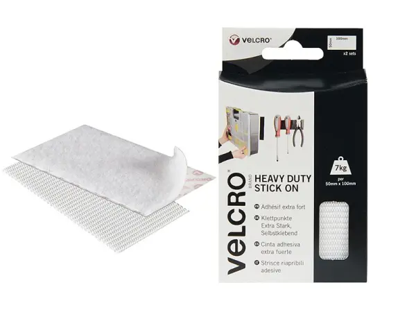VELCRO® Heavy-Duty Stick On Strips, 50mm x 100mm, White (2-Pack)