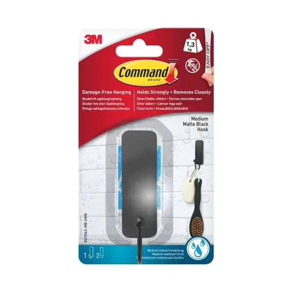 Command Medium Bath Hook, Matte Black, 1.3kg