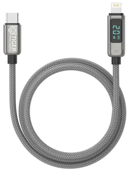 Tiger USB C to Lightning Cable with Power Display, MFi, 1m Grey