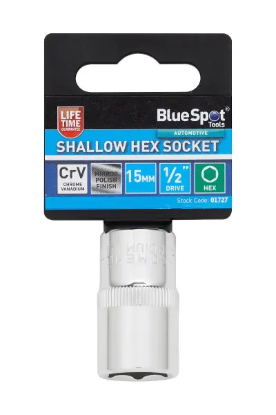 Blue Spot Tools 15mm Shallow Hex Socket, 1/2in Drive, Chrome Vanadium